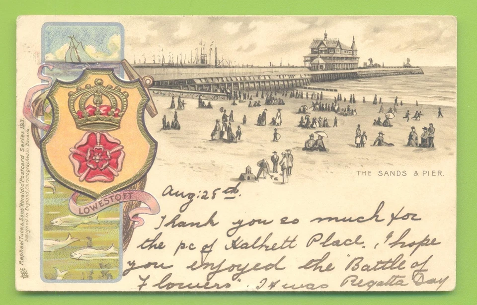LOWESTOFT.THE SANDS & PIER.EARLY TUCKS HERALDIC EMBOSSED POSTCARD - Image 1 of 2