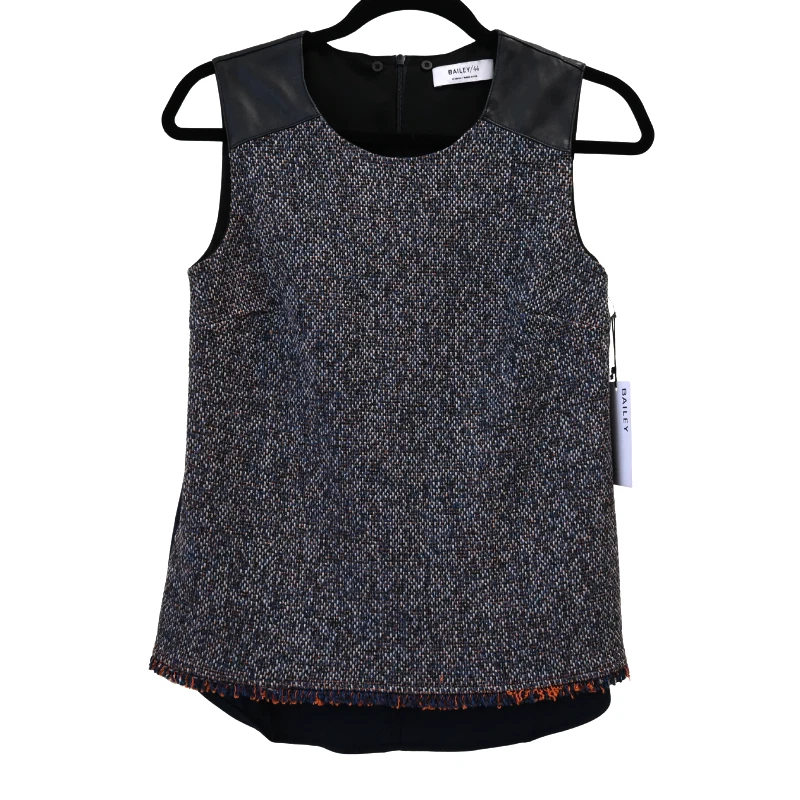 Top Bailey/44 Hopper Tweed Talla XS Azul Naranja Sin Mangas Flecos Borde de Cuero Foto 1 de 4