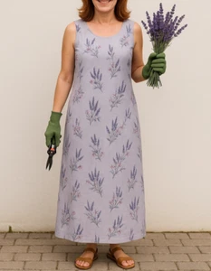 Vintage Linen Maxi Dress 18 Sleeveless Floral Lagom Garden Fairy 100% Linen - Picture 1 of 7