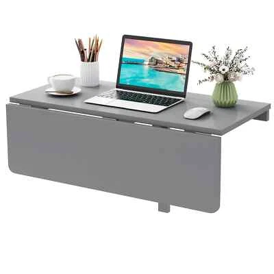 COSTWAY Wall Mounted Folding Table 80x60cm Drop-Leaf Floating Writing Desk-Grey