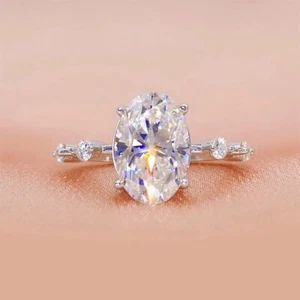 3 Ct Oval-Cut Certified Moissanite Women's Engagement Ring 14K White Gold Plated - Picture 1 of 4