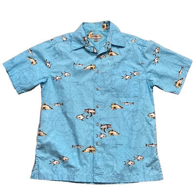 Hook & Tackle Mens Fishing Shirt Sz L Blue Salt Water Map Fish Short Sleeve Lmtd - Image 1 of 4