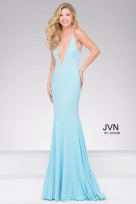 JOVANI ~ Aqua Jersey Rainbow Crystals Illusion Mermaid Formal Gown 10 NEW $440 - Image 1 of 4