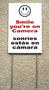 SMILE YOU'RE ON CAMERA SIGN 8"x12"  w/ Stake Security Surveillance Spanish - Picture 1 of 1