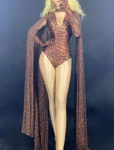 Leopard Print Sexy Bodysuit w/ Cape Clubwear Drag Queen Singer Stage Costume - Picture 1 of 7