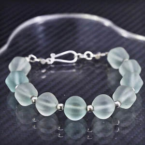 7”, sterling silver 925 handmade chain bracelet w/ green sea washed glass beads - Picture 1 of 7