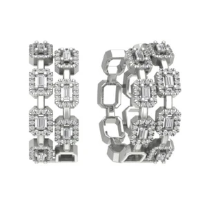 925 Sterling Silver 1 3/4 ct Round and Baguette Diamond Hoop Earrings for Women - Picture 1 of 5