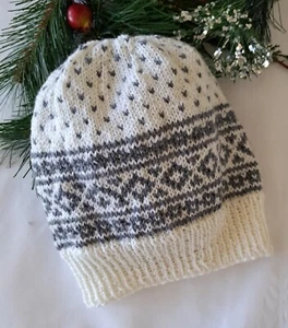 Hand Knit Hat, Nordic, Fair Isle Pattern, 100% Wool, Unisex, Teen, Adult, Small - Picture 1 of 3