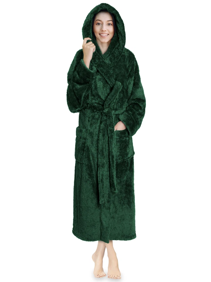 Womens Ladies Fluffy Robe Soft Fleece Luxe Plush Warm Sherpa Hooded Spa Bathrobe - Image 1 of 1