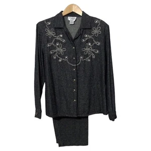 Cervelle Women Vintage Silk Casual Pants Suit Set Size M Rhinestone and Piping - Foto 1 di 8