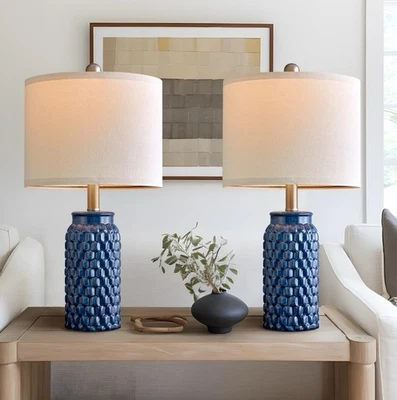 20.5 inches Modern Ceramic Dark Blue Bedside Lamp Set of 2 for Bedroom Decor ... - Image 1 of 4
