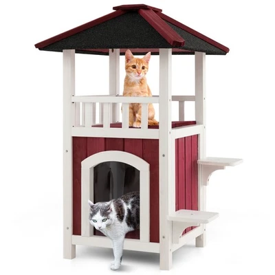 Outdoor Cat House 2-Story Wooden Cat Shelter with Asphalt Roof Removable Floor - Image 1 of 4