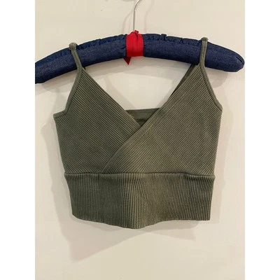 Aura Women’s Ribbed Crop Top M/L Adjustable Straps Olive Green Nylon Spandex - Изображение 1 из 4