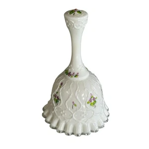 Vtg Fenton Glass Violets in Snow Spanish Lace Silver Crest Bell Artist Signed - Picture 1 of 10