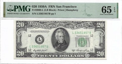 1950A $20 SAN FRANCISCO FRN. PMG GEM Uncirculated 65 EPQ Banknote. - Image 1 of 2