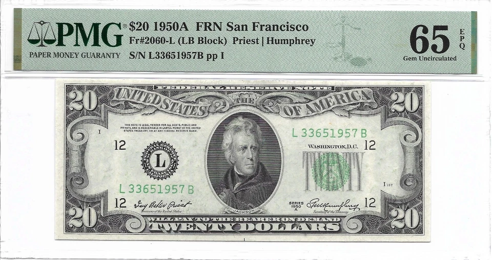 1950A $20 SAN FRANCISCO FRN. PMG GEM Uncirculated 65 EPQ Banknote. - Image 1 of 2