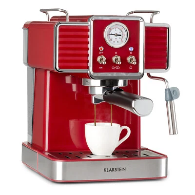 KLARSTEIN Cafetera Espresso 1350W 20 Bar 1,5L Cappuccino Espuma de Leche Portafiltros Retro Rojo