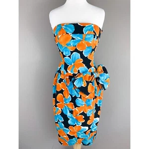 Vintage A.J. Bari Strapless Black Orange Blue Floral Bow 80's 90's Party Dress 6 - Picture 1 of 4