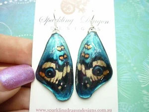 Butterfly Wing Big Earrings Blue & Yellow - Unique Whimsical Jewellery - Picture 1 of 7