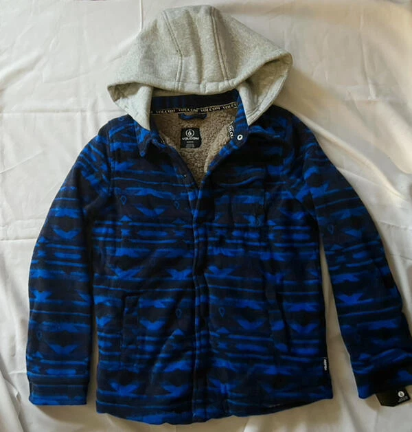 Volcom Boy's Fleece Jacket Blue Black Sherpa Lining Hood Youth XL 18-20