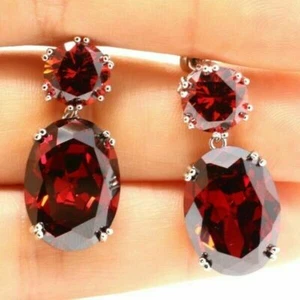 6Ct Oval Cut VVS1/D Red Ruby Drop Dangle Earrings 14K White Gold Finish - Picture 1 of 7