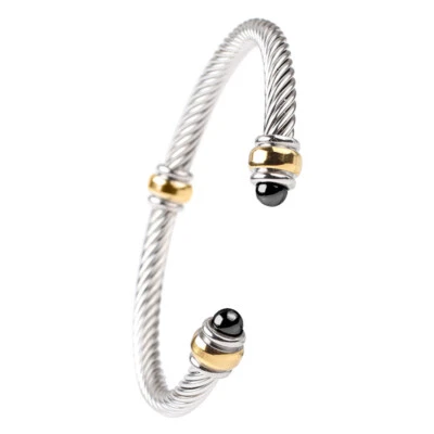 PRECIOSO Brazalete Brazalete Clásico Plata Negro Ónix Extremo Punta Cable Torcido Foto 1 de 4