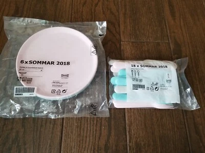 IKEA Sommar 2018 18929 19197 8" Plates Forks Spoons Knives Pink Teal Gray Grey - Image 1 of 4