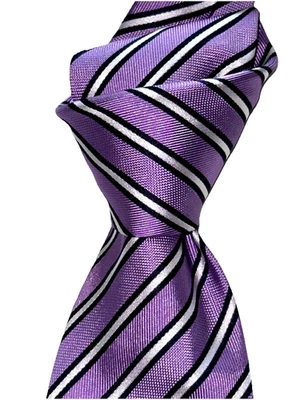 $295 NUEVO SIN ETIQUETAS BRIONI Púrpura con Blanco Negro Satinado Rayas Hombres 3.7" Seda Sarga Cuello Corbata Foto 1 de 4