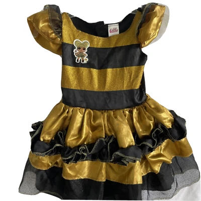 Vestido Disfarce LOL Dourado Preto Saia de Babado Tamanho 4-6X Vestir, Fantasia - Imagem 1 de 4