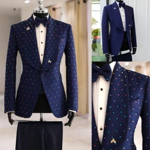 Business Bead Men Suits Regular Fit Formal Prom Shawl Lapel Tuxedos Prom Jacket - Picture 1 of 12