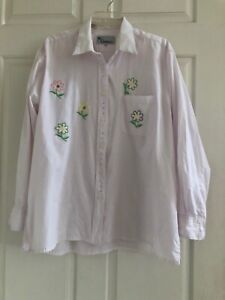 Mili Designs Size XL Button Down Shirt Flowers White w/Pink Stripes Top EUC