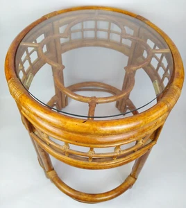 Oval Rattan & Glass Side Table 23" Clover Tiki Bamboo MCM Hollywood Regency - Picture 1 of 16