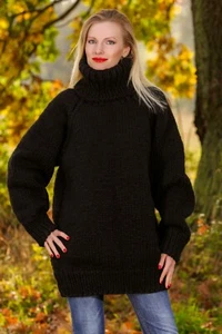 Black wool sweater thick pullover warm turtleneck jumper by SUPERTANYA, size M - Picture 1 of 10