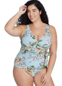 Kona Sol Women's Wrap-Front High Coverage One Piece Swimsuit Tropical Print - Picture 1 of 6