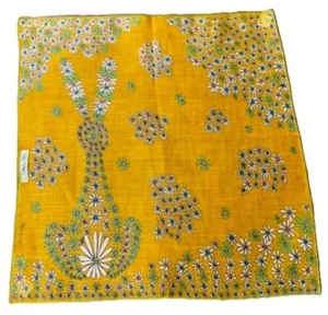 60s MARIELLE Linen Handkerchief Mod Abstract Hidden Object Daisy Rabbit NOS Tag - Picture 1 of 5