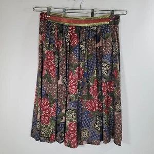 Vtg CAROL ANDERSON Boho Patchwork Print Midi Skirt Size L Pleated Metallic Band - Imagen 1 de 8