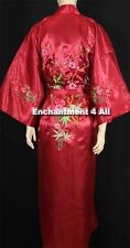 Embroidered Floral Design Silk Satin Kimono Robe Sleepwear w/ Waist Tie Burgundy