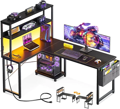 53 Inch L Shaped Desk with LED Lighting, Reversible Gaming Desk with Power Outle - Изображение 1 из 4