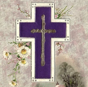 c.1910 Easter Wishes Postcard Purple Silk Cross Silver Ink VIllage Winsch Back - Picture 1 of 3