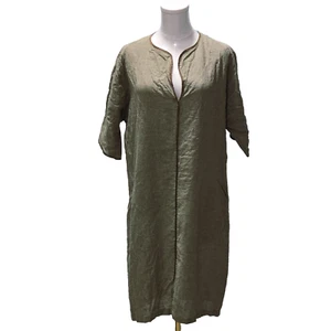 Shamask Linen Dress Short Sleeve Shift Size 3 Olive Pockets - Picture 1 of 11