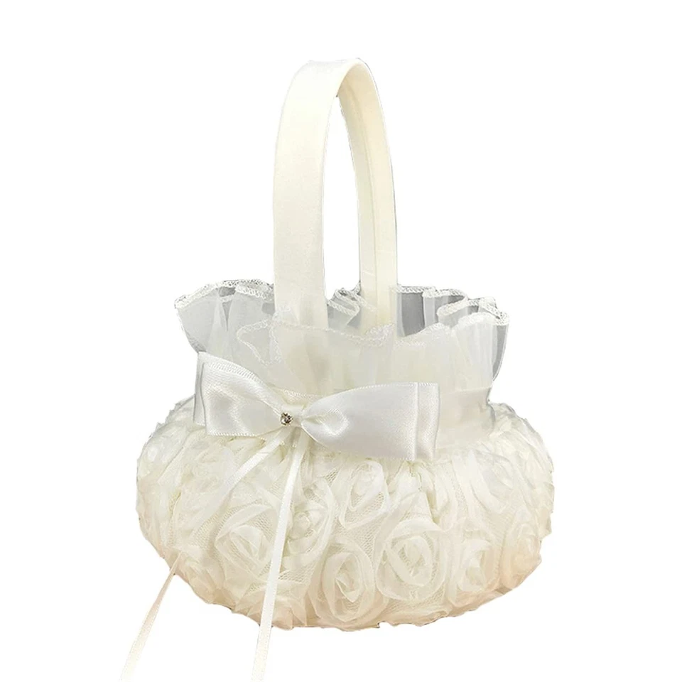 Cesta decorativa de encaje satinado nupcial niña flor beige rosa cesta anillo portador cesta... Foto 1 de 1