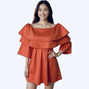 Asos Damen Minikleid 0 Orange Rosa Schulterfrei Rüschen Fit & Flare Stretch - Bild 1 von 8