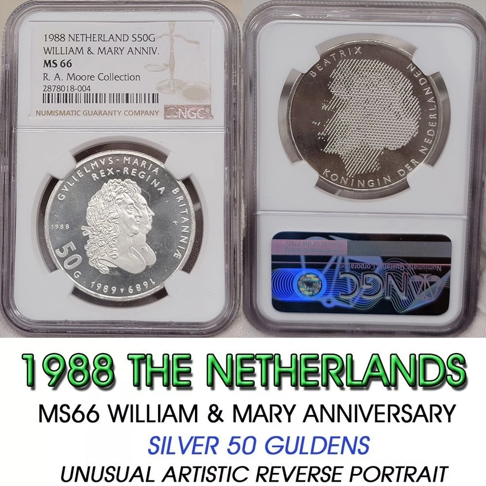 Top Pop!  1988 NETHERLANDS SILVER 50 GULDEN NGC MS66 william & mary anniversary - Image 1 of 4
