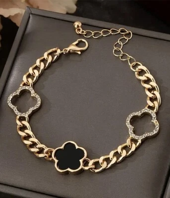 Gold Tone Quatrefoil Chain Bracelet Black Enamel & Rhinestone Accents Adjustable - Image 1 of 2