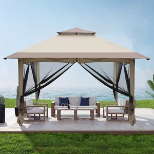 12' x 12' Outdoor Patio Gazebo Canopy Roof Steel Frame w/ Mesh Sidewalls - Picture 1 of 8