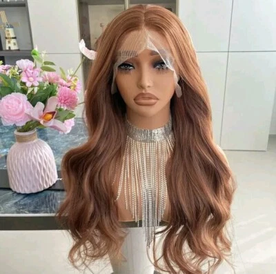 Long HD Transparent Lace Front Wig Auburn Red Red Blonde Human Hair Wavy Curls - Image 1 of 4