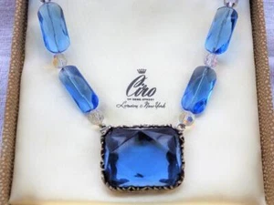 Vintage Sapphire Blue Glass Silver Necklace French ? Art Nouveau signed - Picture 1 of 12