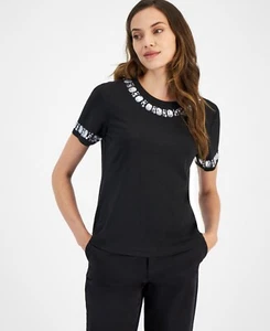 Tommy Hilfiger Mujer Ropa Deportiva Manga Corta Embellecida Camisa Negra, M 307176 - Imagen 1 de 3