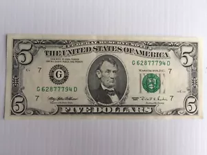1995 Federal Reserve Note $5 Dollar Bill - Picture 1 of 4