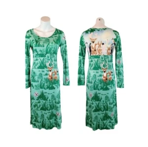70s Gene Berk GB3 Maggie Print Flora Fauna Woodland Green Midi Sheath Dress S/M - Picture 1 of 12